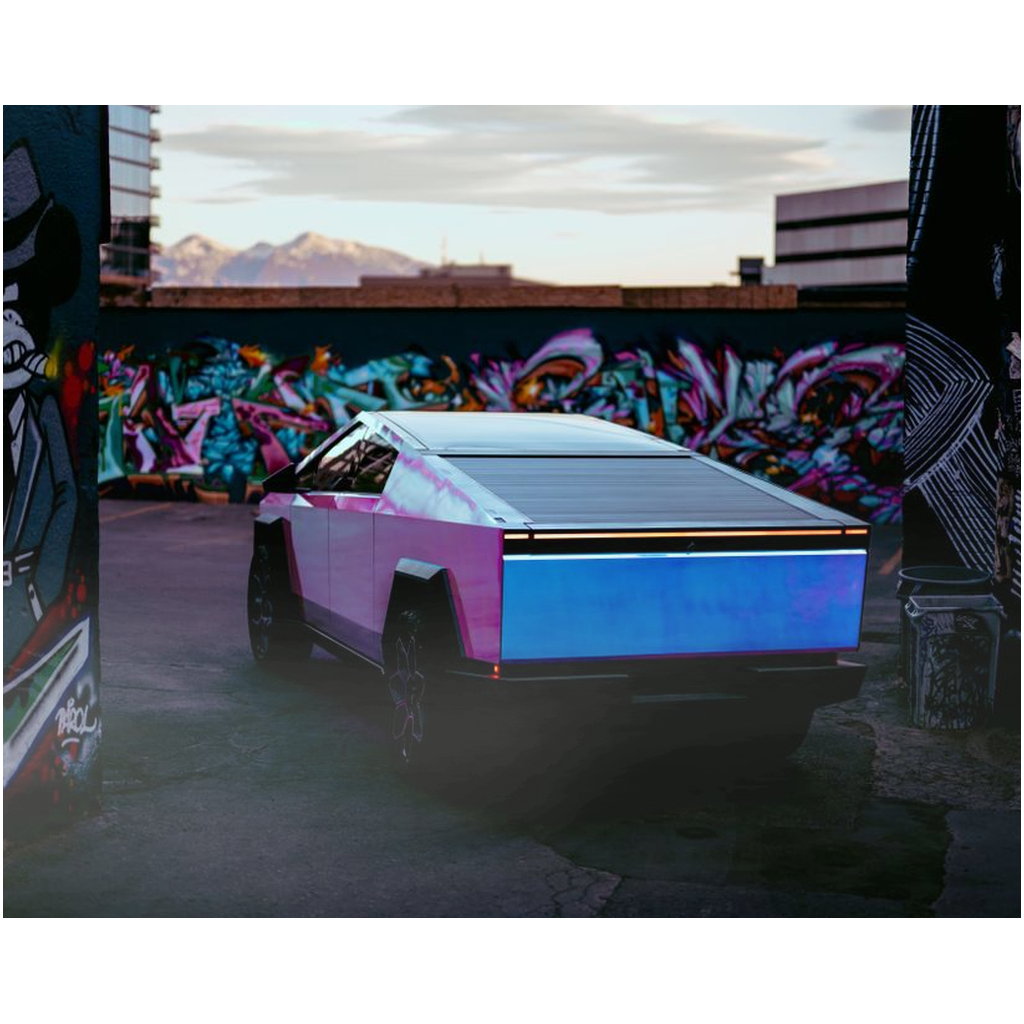 Multicolor Wrapped Tesla Cybertruck Back Alley - Metal Print