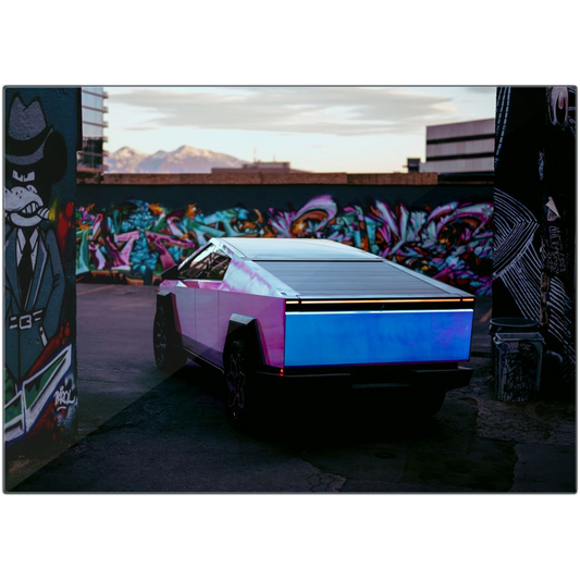 Multicolor Wrapped Tesla Cybertruck Back Alley - Metal Print