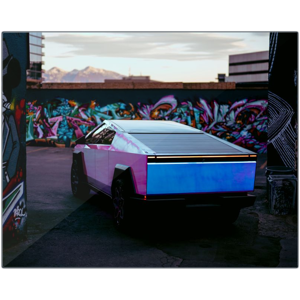 Multicolor Wrapped Tesla Cybertruck Back Alley - Metal Print