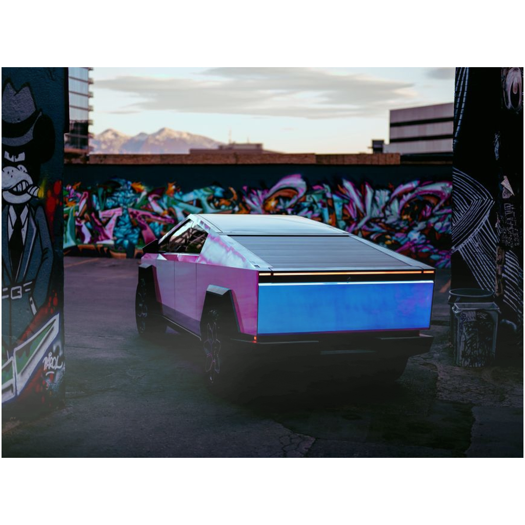 Multicolor Wrapped Tesla Cybertruck Back Alley - Metal Print